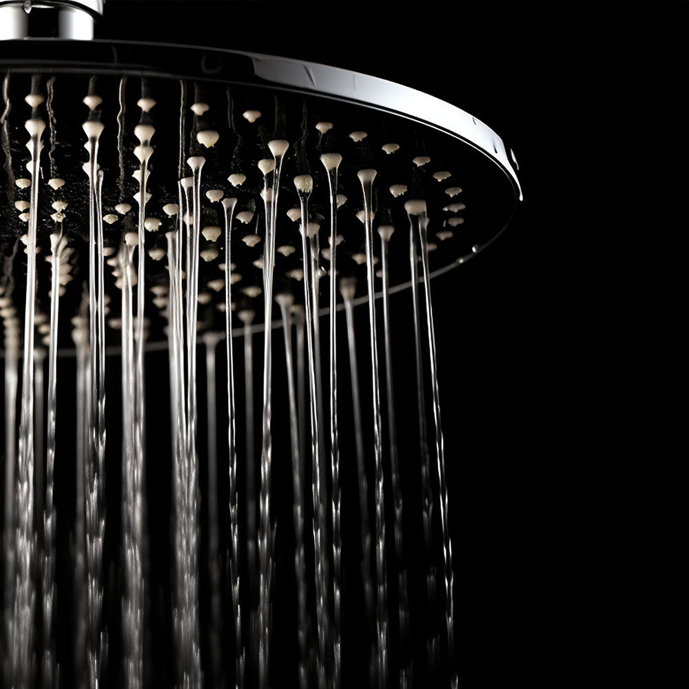 stainless steel rainfall shower head, shower head, bathroom fixture, bathroom hardware